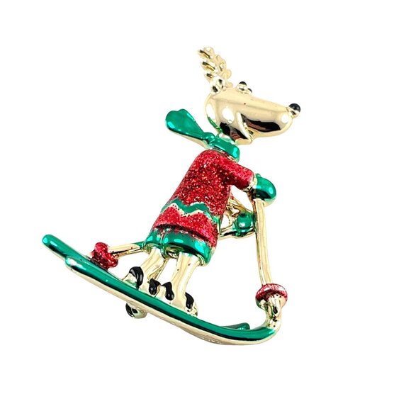 Vintage AJC Enamel Christmas Reindeer Ski Brooch Pin 2'' - Picture 2 of 8